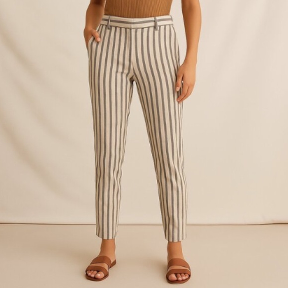 Ann Taylor LOFT Straight Leg Linen Pants Beige Striped, Size 6 Lightweight - Picture 1 of 6